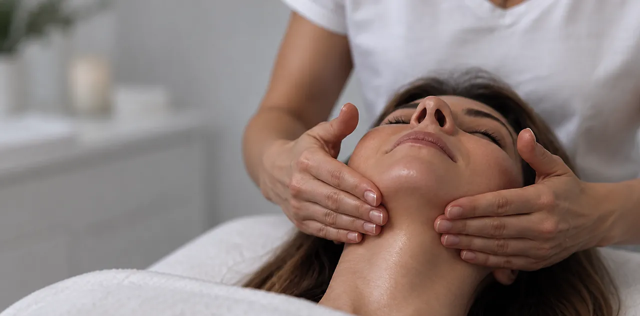 Mujer recostada recibiendo un masaje facial con los ojos cerrados.